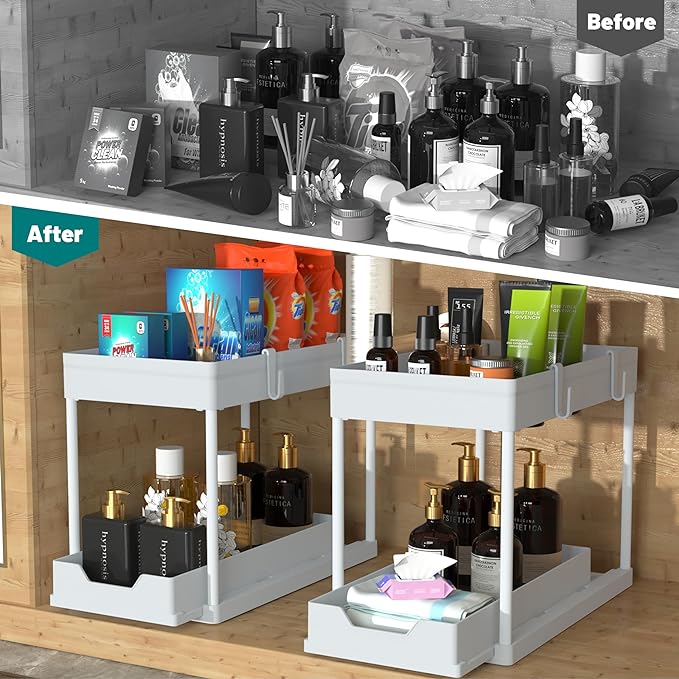 DEKAVA Cabinet, 2 Pack Under Sink Organizer, 2 Tier Sliding Bathroom Kitchen Organizer, Large White ABS Baskets, Easy Install & Clean