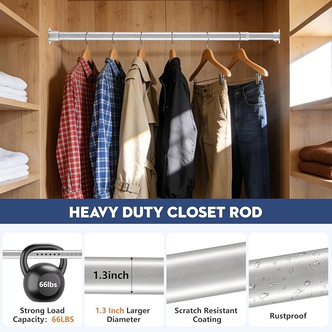 Heavy Duty Closet Rod, Adjustable 17-74 in, 1.3" Diameter | Silver, Metal, Suitable for Wardrobes, Bathrooms, Laundry Room, RV