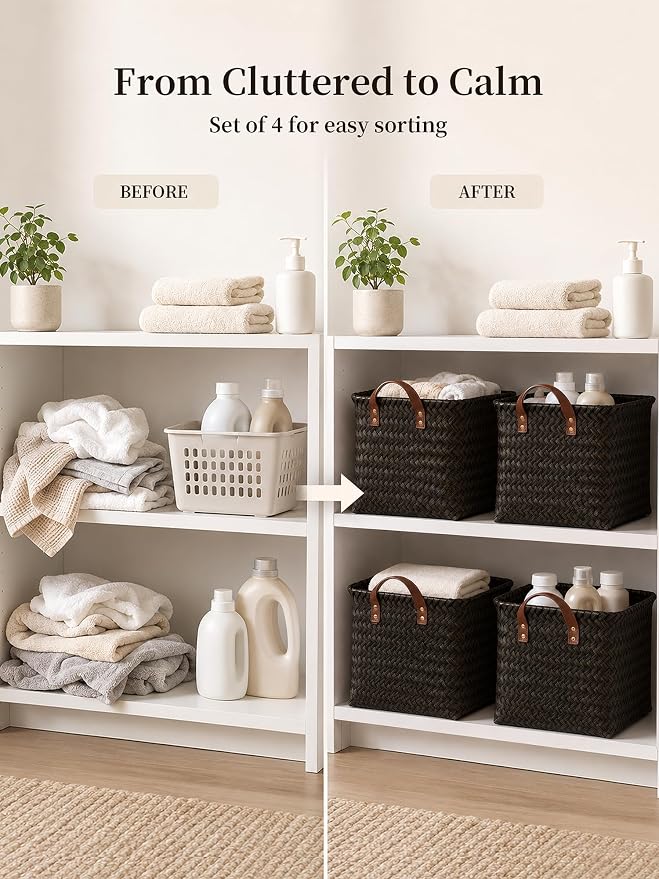 Hand Woven Baskets for Storage, 4Pcs Water-Resistant Wicker Baskets, Dark Gold Wicker Storage Baskets for Shelves, Large Basket with Handle for Organizing, Clothes, Laundry, Blanket - Square