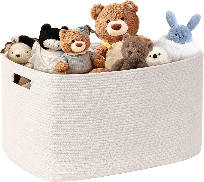 86L Large Woven Laundry Basket Hamper with Handles, White | 24"x16"x14", collapsible wicker hamper, storage for dirty clothes, toys, blankets, gifts, living room, bedroom, bathroom