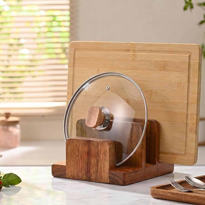 ZUJJAFY Cutting Board Holder, Acacia Wood Cutting Board Organizer for Cabinet, 3 Slot Chopping Board Stand for Countertop