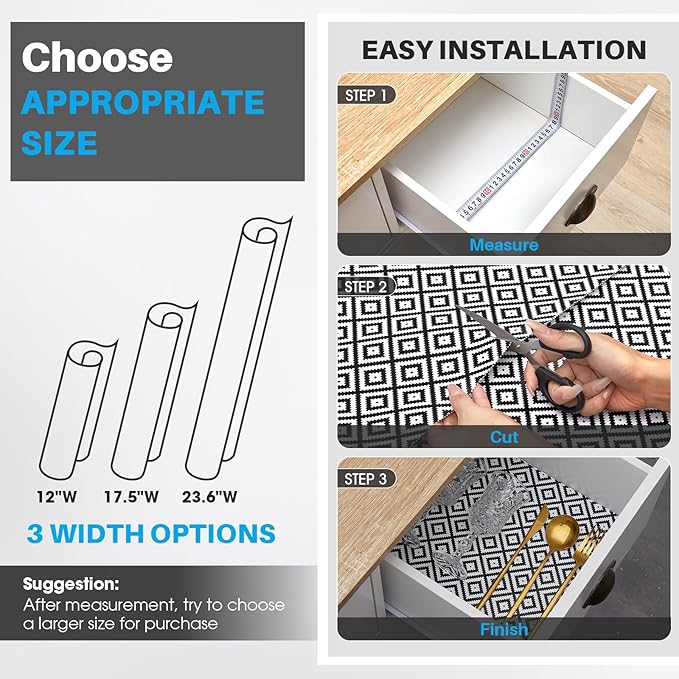 Coavas Shelf and Drawer Liner, Non Slip Extra Grip Non Adhesive Waterproof Thickened Cabinet Mat, Easy Cut for Kitchen Pantry Bathroom Dresser Cupboard (Black Rhombic, 12IN x 20FT)