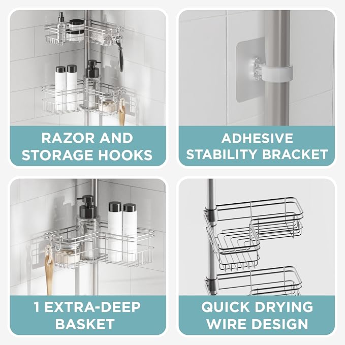 Zenna Home Tension Pole Shower Caddy Corner Organizer, Adjustable Standing Shower Caddy with 4 L-shaped Baskets and Hooks, Rust Resistant Bathroom Tension Rod Organizer, 60 to 97 Inch, Satin Nickel