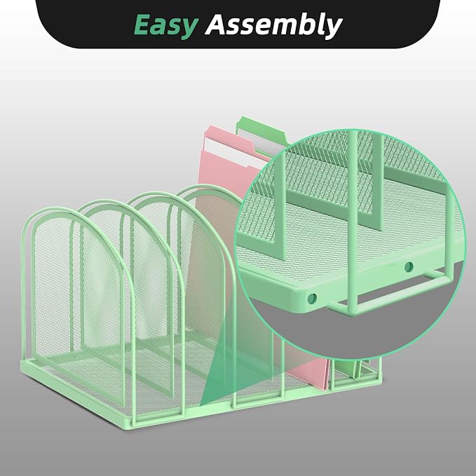 SUPEASY File Organizer for Desk, 5-Section Mesh Desk Organizer, Vertical File Holder Desktop Organizer File Sorter, File Folder Holder for Office Supplies, Mint Green