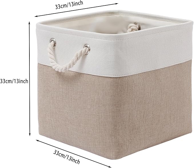 MidmmVick 13 x 13 Inch Cube Storage Bins, 4 Pack Large Collapsible Fabric Storage Bin with Ropes, Foldable Storage Cubes for Home, Office,Closet, Clothes, Toys Organizer (White & Beige)