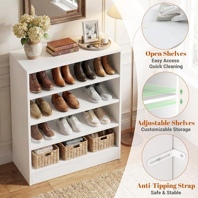 Homieasy Shoe Cabinet, 5-Tier Modern Wood Shoe Storage Organizer, White | 3 Adjustable Shelves for Entryway, Multi-Purpose Display Shelf & Storage Cabinet for Living Room, Bedroom