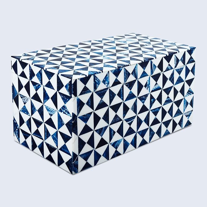 Handicrafts Home Blue and White Decorative Storage Box with Lid– Large Decorative Storage Box, Handmade Resin Inlay Wooden Box, Memory Keepsake Box, Jewelry Organizer, Coffee Table Decor Box-10x5x5