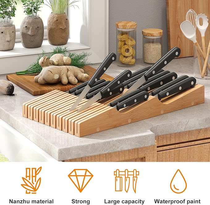 In-Drawer Knife Block Organizer - Bamboo Wood Drawer Knife Organizer-Protecting Knife Organizer Block (Not Included) (Natural, 19 Knives Dock)