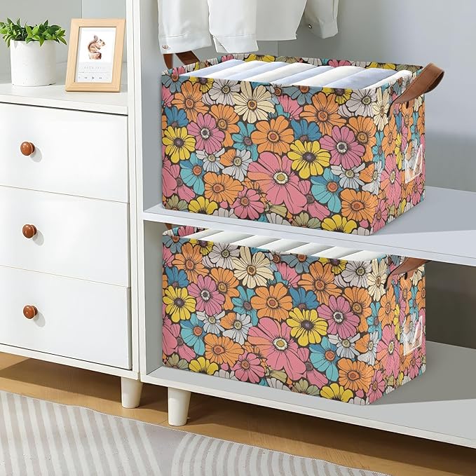 Retro Daisy Flower Storage Bins for Shelves with Labels&Handles Fabric Organizer Bin Vintage Floral Foldable Rectangle Storage Basket Orange Hippie Boxes for Closet, Home, Living Room, Laundry-2 PC