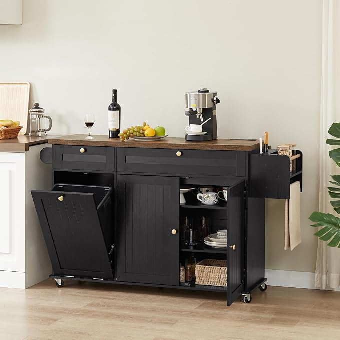 ONBRILL 60" Kitchen Island with Power Outlet & Drop Leaf, Rolling Island with Spice Rack & Towel Rack, Kitchen Island Cart with Trash Storage Cabinet, Island Table for Kitchen, Black+Rustic Brown