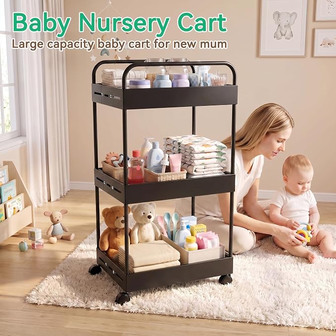 3 Tier Expandable Rolling Storage Cart, Rolling Utility Cart with Wheels | expandable adjustable width, sturdy metal frame, silent 360° wheels, storage for bathroom, kitchen, laundry & living room