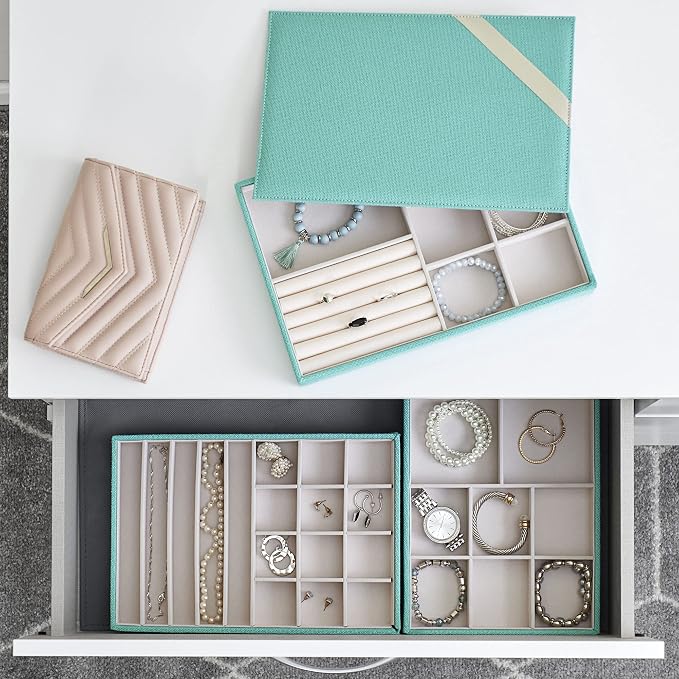 Household Essentials 3-Tier Jewelry Tray, Sturdy Chipboard With Polyester Linen Wrap, Polyester Felt Lining, Many Compartments for Easy Jewelry Access, Stackable, Stylish and Functional, Seafoam Green