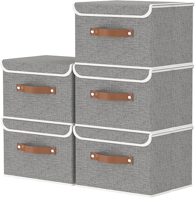 OUTBROS Fabric Storage Bins Cube Organizers with Flip-Top Lid and Handles,Storage Boxes for Organizing Home,Office,and Closet,Grey,5 Pack 10.2 x 7.9 x 6.7 in