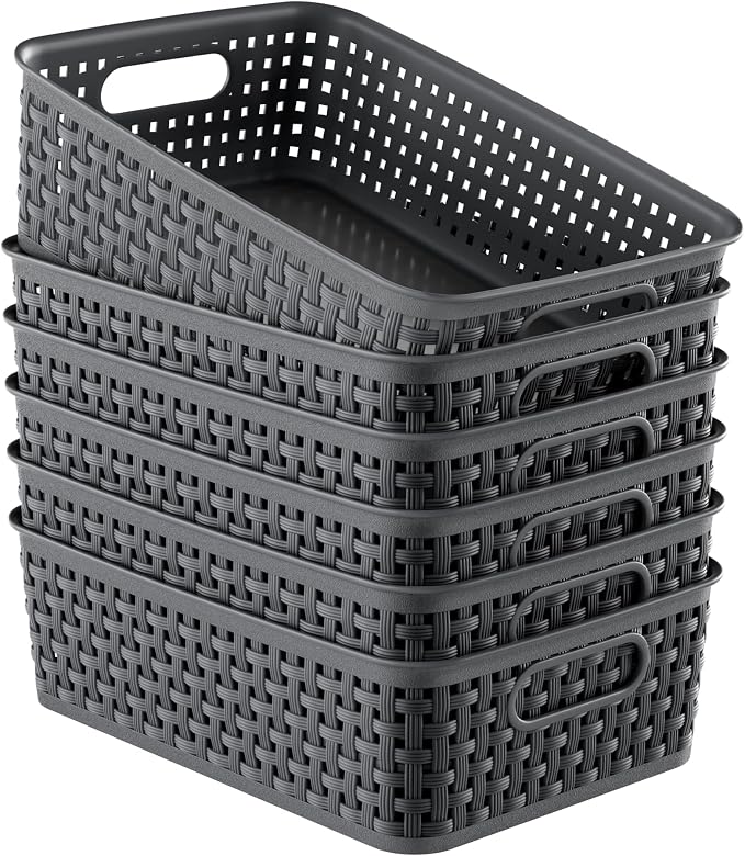 6 Pack Plastic Storage Baskets, Small Baskets for Organizing, Plastic Storage Bins Wicker Pantry Organizer Bins Household Toys for Laundry Room, Bedrooms, Kitchens, Cabinets, Countertops | Plastic, Storage Bins, Pantry Organizer Household Toys, for Lau...