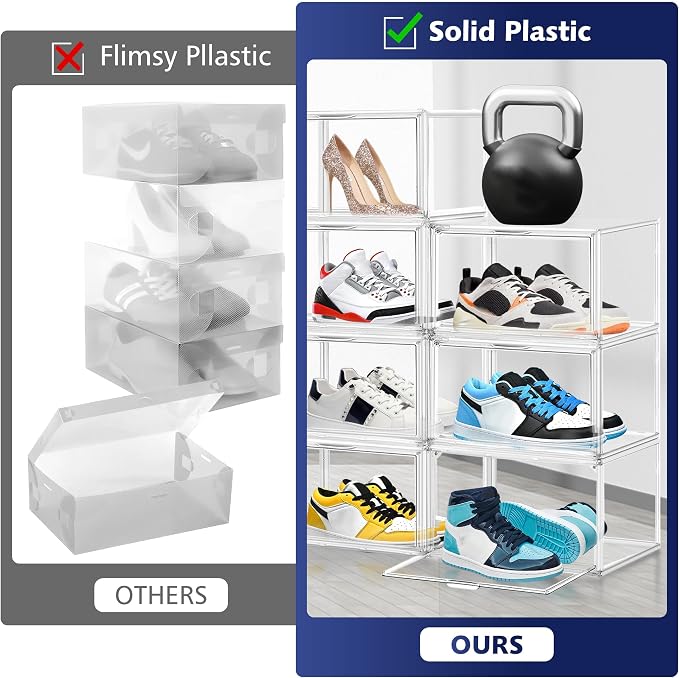 2 Pack Acrylic Clear Shoe Storage Boxes Size 12, Transparent Display Case for Sneaker Collections, Baseball Caps, Hat Organizer Dust-free Shoe Cubbies Stackable Sneaker Boxes