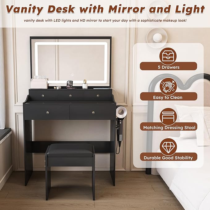 Small Vanity Desk with Mirror and Lights, Makeup Vanity Table with Large Mirror & 5 Drawers & Stool & Hair Dryer Holder, Dressing Table Set for Bedroom, Brightness Adjustable