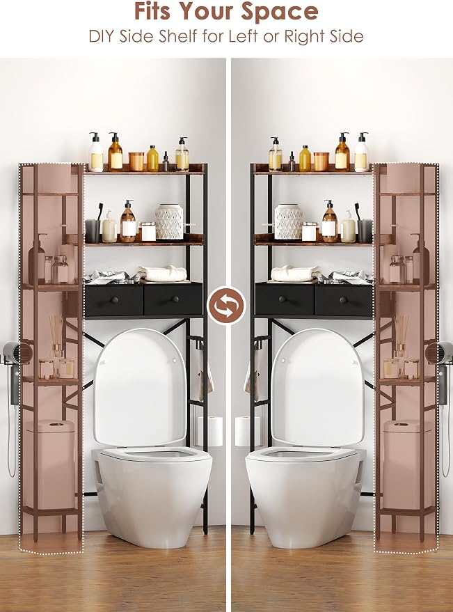 Over The Toilet Storage Rack, 7-Tier Over Toilet Bathroom Organizer with Adjustable Shelf, Above Toilet Storage with Hooks, Space-Saving, Brown Shelf