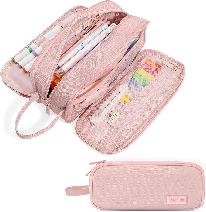 SUNEE Large Capacity Pencil Case with 3 Compartment, Extra Big Pencil Pouch, Pencil Bag with Zipper, Cute High Stationery Organizer, Oxford Pen Box School Supplies for Student Teen Girls Boys, Pink