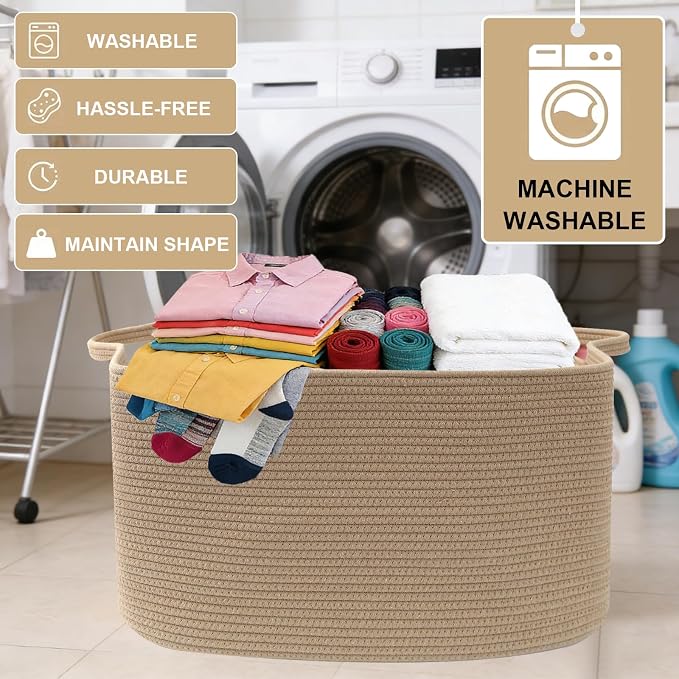96L Extra Large Cotton Rope Laundry Basket with Sturdy Handles | 24x16x15 Foldable Rectangular Blanket Basket for Toys, Clothes & Pillows,Ideal for Nursery, Bathroom, Bedroom, Living Room