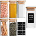 ComSaf Glass Spice Jars with Labels 10 oz 6 Pack Large Square Bamboo Lids | Empty Containers, Seasoning Herbs Powders, Salt Pepper Chili, Kitchen Cabinet Storage Starter Set, Dry Goods