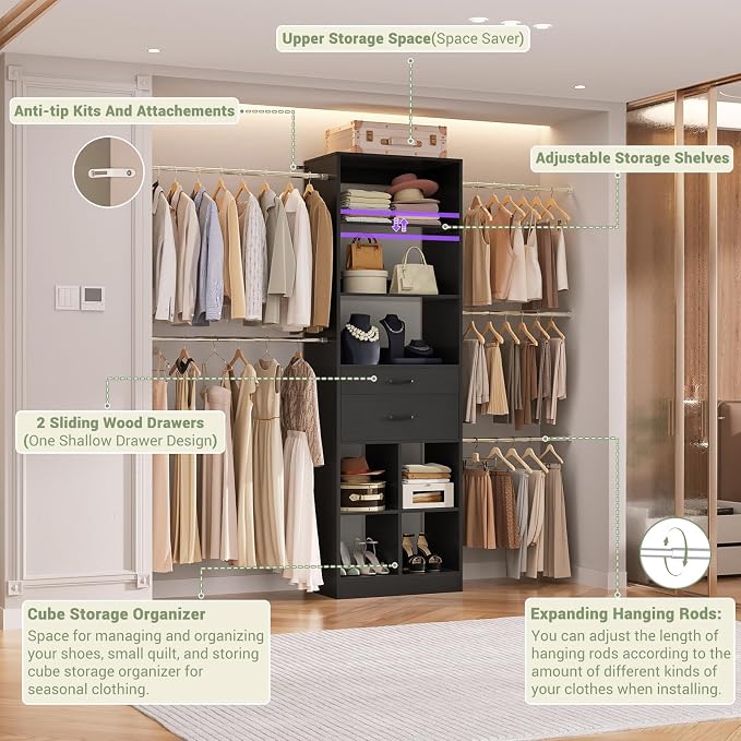 Besiost Closet System, 4-8 FT Closet Organizer Systems with 2 Wooden Drawers and 5 Hanging Rods, Can Fit 60 to 96 inch Walk-in Closet System, Black