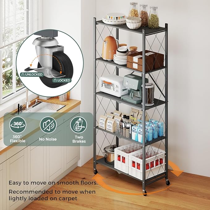 DEANIC 70.7" Tall Extra Large 5-Tier Folding Storage Shelf with Wheels, No Assembly Collapsible Metal Rack with Leveling Feet for Garage, Pantry, Basement, Vendor Display, Kitchen(Gray,1 Pack)