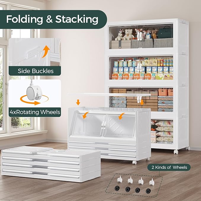 135Gal Stackable Storage Bins with Lid, 540Qt Extra Large Collapsible Storage Box with Doors and Wheels, Plastic Closet Organizer and Storage Cabinet Drawer for Home Kitchen, 3Pack White