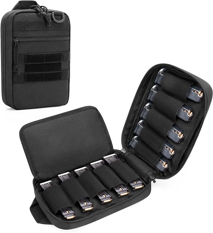 DSLEAF Tactical Pistol Magazine Storage Bag, MOLLE Mag Pouch Hold Up to 10x Most Single/Double Stack Magazines (Patent Design) | Hold Up to 10x Most Single/Double Stack Mags, Lockable Zipper, Lightweight Size and Portable Handle