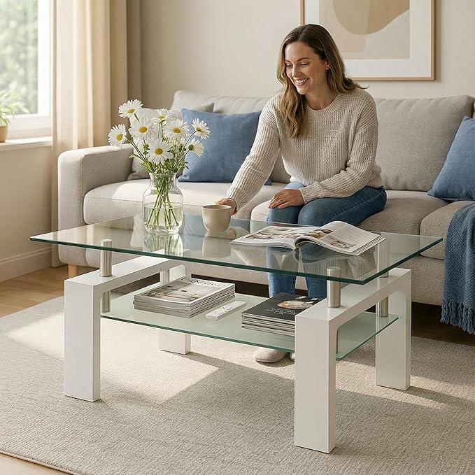 Glass Coffee Table for Living Room, Modern Coffee Table with Transparent Tempered Glass Top and White Metal Legs, Rectangle Tea Table for Home