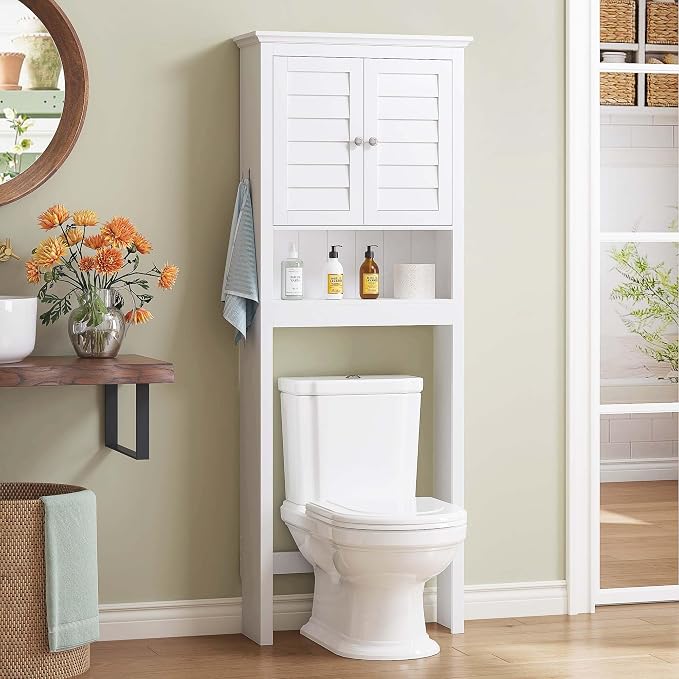 Spirich Over The Toilet Storage Cabinet with Louvered Doors & Hooks, White | Space-Saving Bathroom Organizer, Adjustable Shelf & Bottom Crossbar, 34.4-Inch Clearance, Anti-tip Device, FSC-Certified MDF