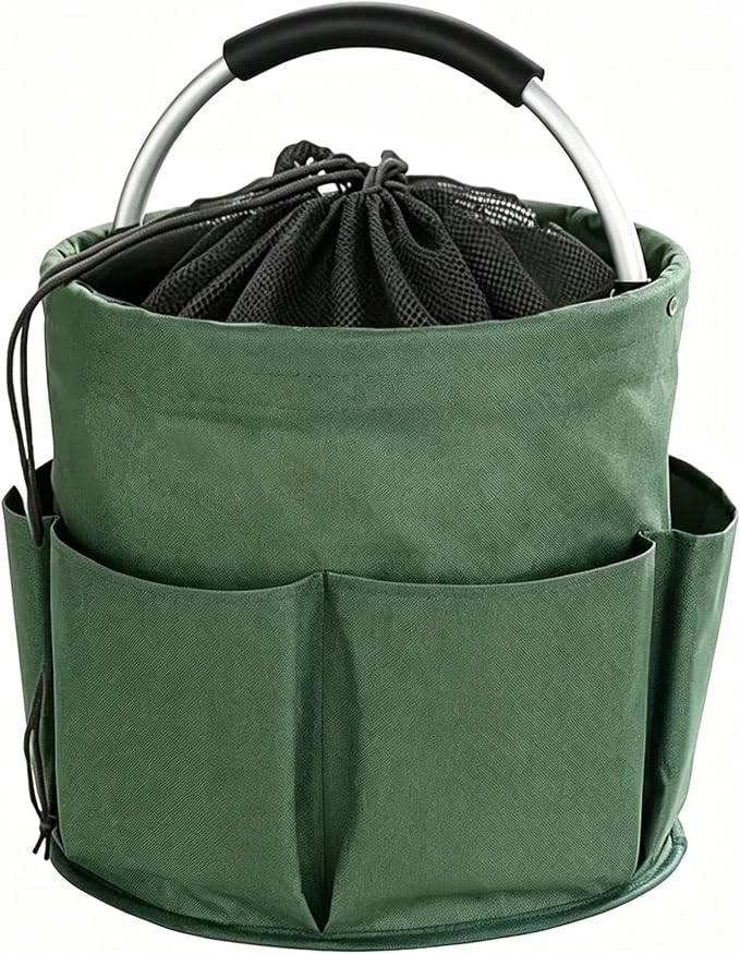 Garden Tool Bucket Organizer, Bucket Tool Organizer,5 Gallon with Aluminum Handle, Multi Side Pockets Portable Storage Caddy for Gardening Camping Car Wash (Green, Drawstring Closure)
