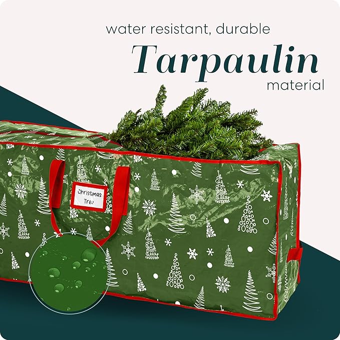 Christmas Tree Storage Bag - Stores 9 Foot Artificial Xmas Holiday Tree, Zippered Bag, Durable Waterproof Material, Carry Handles - Protects Against Dust, Insects and Moisture (Green Printed)