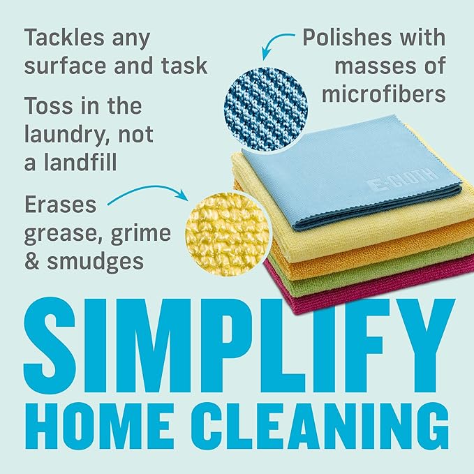 E-Cloth 5-pc Starter Pack- Microfiber Cleaning Cloth Set with Reusable Cleaning Cloth and Glass Polishing Cloth, Assorted Color Microfiber Cleaner for Bathroom, Kitchen, and Car - 1 Pack