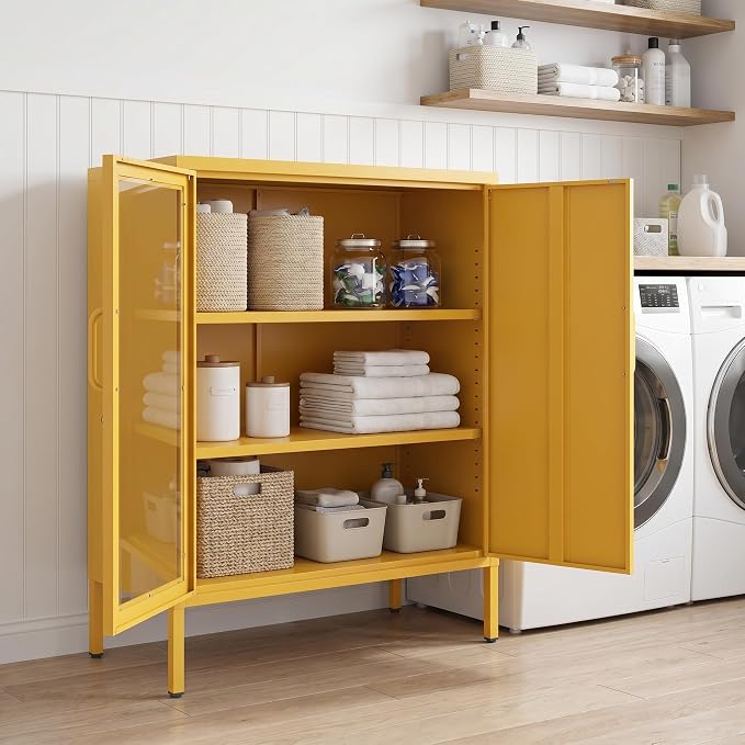 Metal Storage Sideboard with Lock, 33" H 2 Door Storage Cabinets with Adjustable Shelves, Durable Metal Accet Cabinet for Living Room Bedroom Entryway Yellow