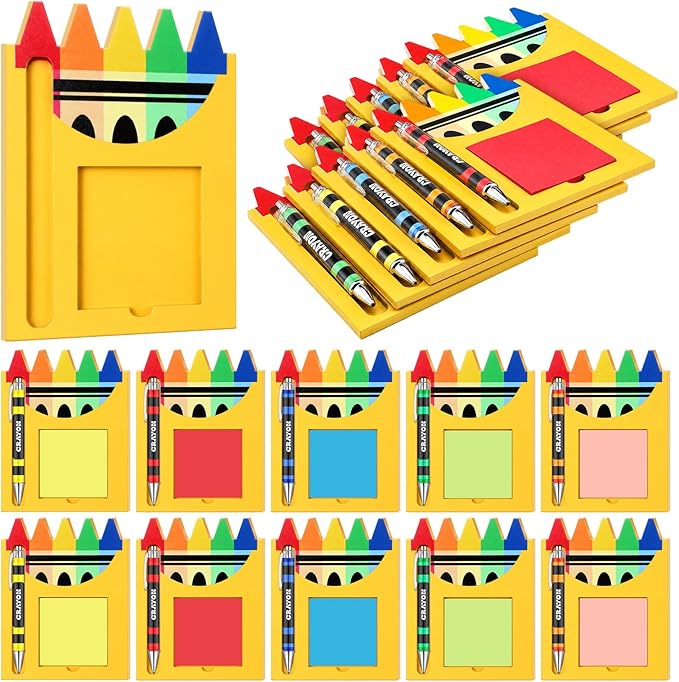 Kosiz 10 Set Back to School Teacher Appreciation Gift Bulk Crayons Wooden Sticky Note Holder with Note and Ballpoint Pen Crayons Party Favor for Back to School Classroom Teacher Gift