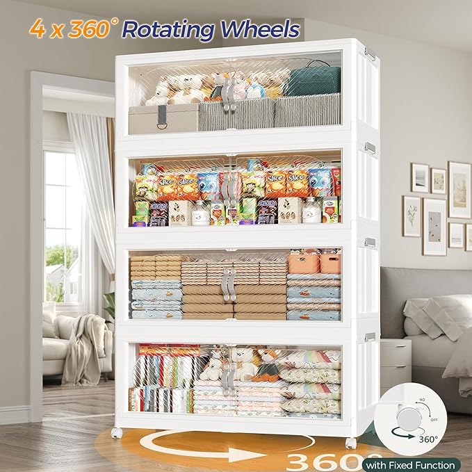 45Gal/180QT 3-Tiers Extra Large Stackable Storage Bins with Lid, Collapsible Cabinet Closet Organizer Plastic Container Box with Wheels Doors Drawers for Living Room Kitchen Office, White