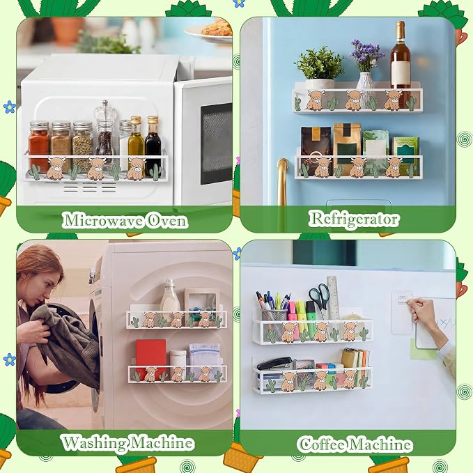 Beeveer 2 Pack Magnetic Spice Rack for Refrigerator Cute Highland Cow Cactus Farmhouse Kitchen Decor Spice Storage Rack Fridge Organizer Multi Purpose Magnet Shelf for Refrigerator Laundry Coffee Bar