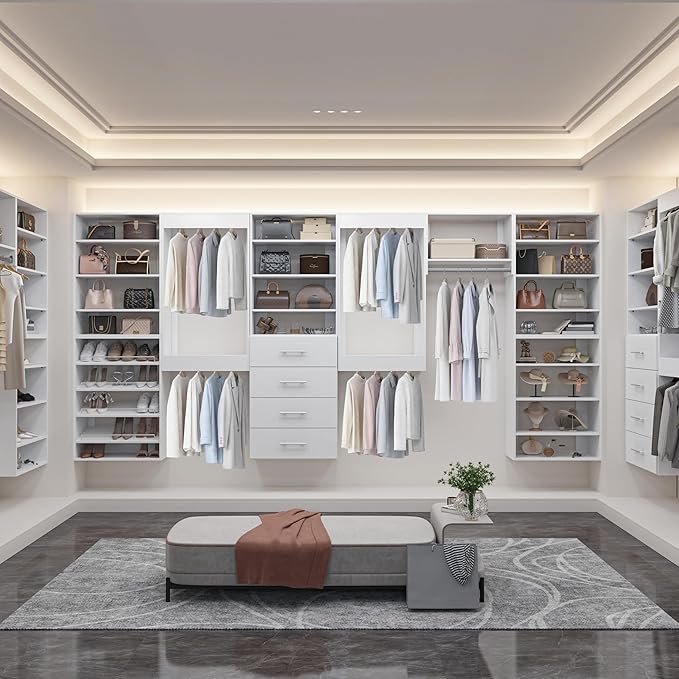 Modular Closet System, 40" Wide Wall-Mounted Closet Tower Organizer with Rods for Walk-In Closet Storage, White