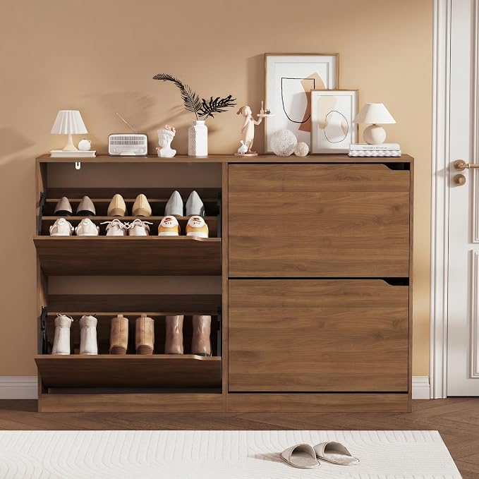 Shoe Storage Cabinet, Wood Shoe Organizer for Entryway with 3 Flip Drawers, Freestanding Shoe Rack with Adjustable Shelf, Narrow Shoe Dresser for Front Door Entrance (Walnut, Standard 4 Drawers)