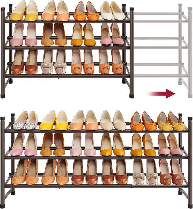 Tajsoon Expandable Shoe Rack for Closet 3 Tier, 28“-41“Stackable, Bronze | Adjustable Shoe Organizer Closet Shoe Rack Floor, Metal Long Shoe Shelf Storage for Entryway, Garage, Front Door Entrance