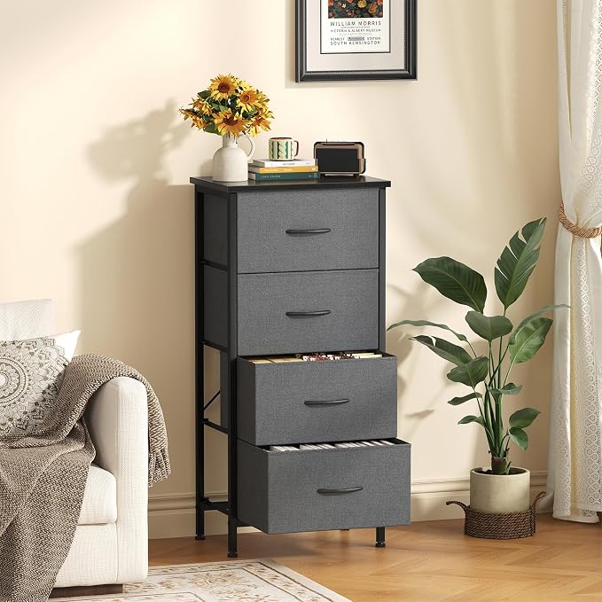 Sweetcrispy 4 Fabric Drawer Small Dresser, Bedside Nightstand with Wooden Top Sturdy Frame, Entryway Closet Bedroom Storage Cabinet Furniture for Dorm,Grey