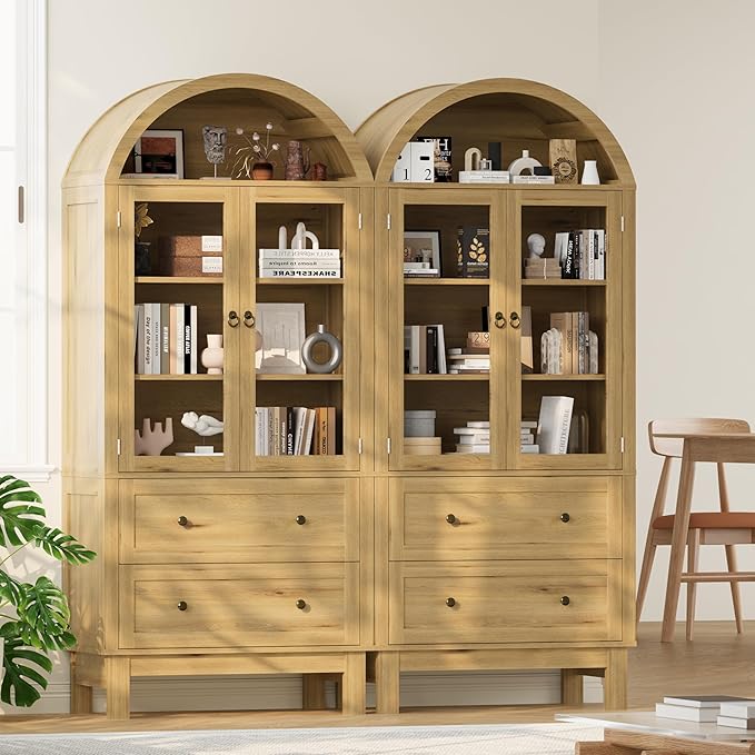 71" Tall Arched Bookshelf, 6-Tier Bookcase with Glass Doors & Adjustable Shelves, Wood Display Book Shelf with Drawers for Living Room, Dining Room, Natrual