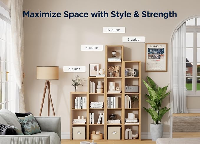 4 Cube Storage Organizer Single Row, Cube Shelf with Heavy-Duty Thick Boards, 13.31"L x 9.37"W x 48.82"H, Smooth Easy-Clean Panels, Simple Assembly, for Living Room Bedroom Office, Natural-Oak