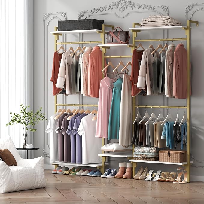 Auromie Gold Wall Mounted Clothing Rack with 5 Hanging Rods, Clothes Rack with Adjustable Shelves, Closet Storage Organizer System Kit, Heavy Duty Garment Rack with Metal Frames (80.71" L*78.74" H)