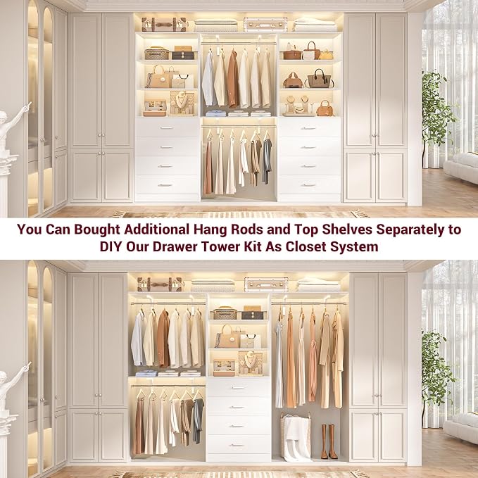 Aheaplus Closet Drawers Organizer System, 3.54FT Wood Closet System with 4 Drawers, Modular Walk-in Closets Storage Unit, Tall Bookshelf Storage Cabinet, White (2 Packs)