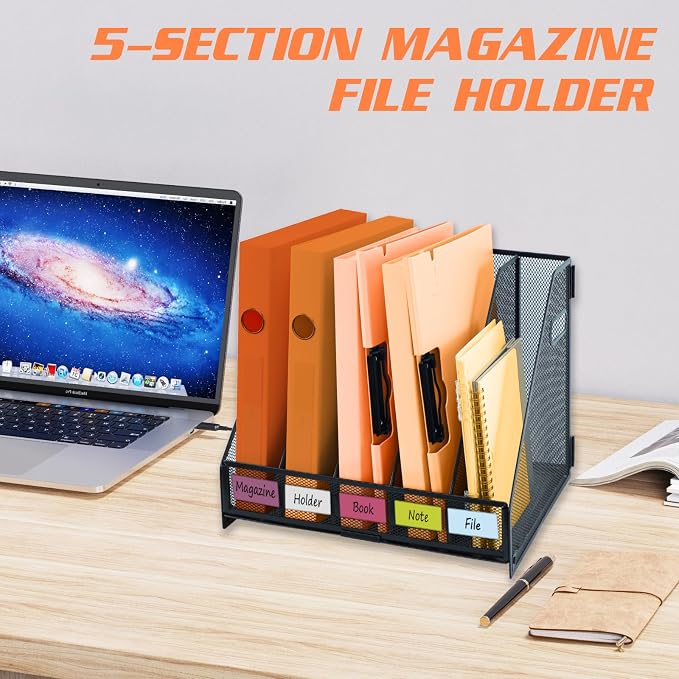 Magazine file holder for desk with 5 Vertical Compartments Folder Storage Binder Organizer for Office Home School Organization, Black