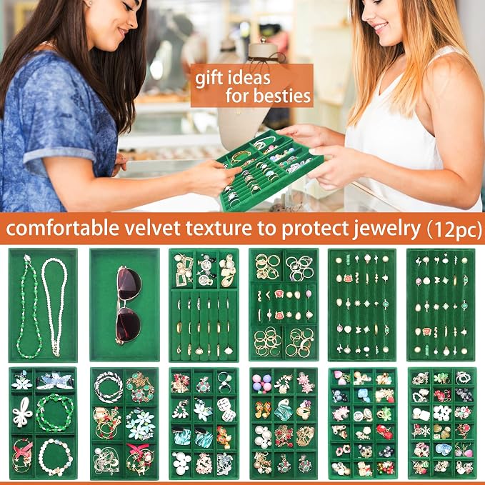 Velvet Jewelry Tray 12 Set Stackable Jewelry Organizer Trays for Drawers Rings Earrings Necklaces Bracelet Watch Display Case