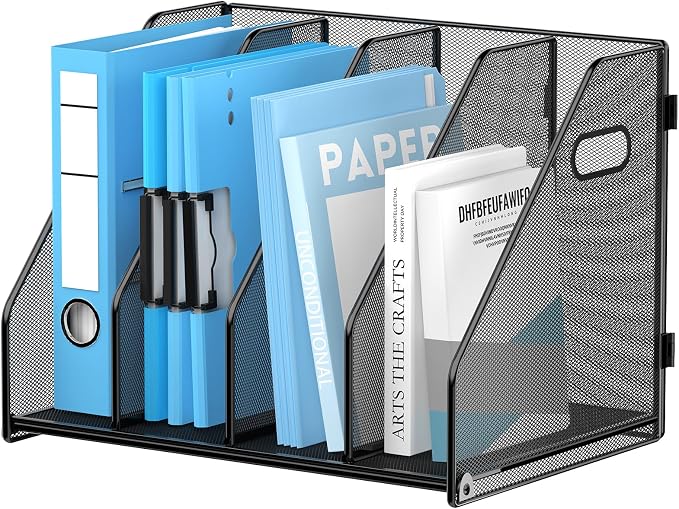 SUPEASY Binder Organizer, Magazine File Holder with 4 Vertical Compartments Rack, Metal Desk File Organizer & Binder Holders, Magazine Organizers for Office Desktop, Home, School (Black)