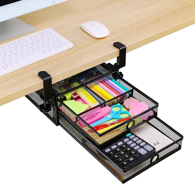 ROSYLINE Under Desk & Desktop Drawer Organizer, 2-Tier Big Capacity | Steel Construction, Clip-On No Drill Installation, Fits A4 Paper, for Office & Household Supplies