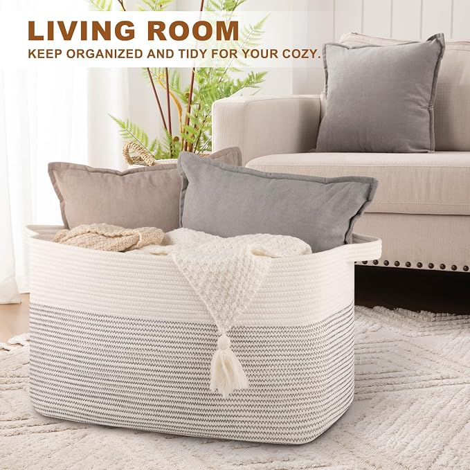 OIASKET Large Blanket Basket, Blanket Storage Living Room, Rectangle Woven Baskets for Storage Toys, Towels, Diry Clothes Organizer Bins (Black & White, 24"x16.9"x14.2")